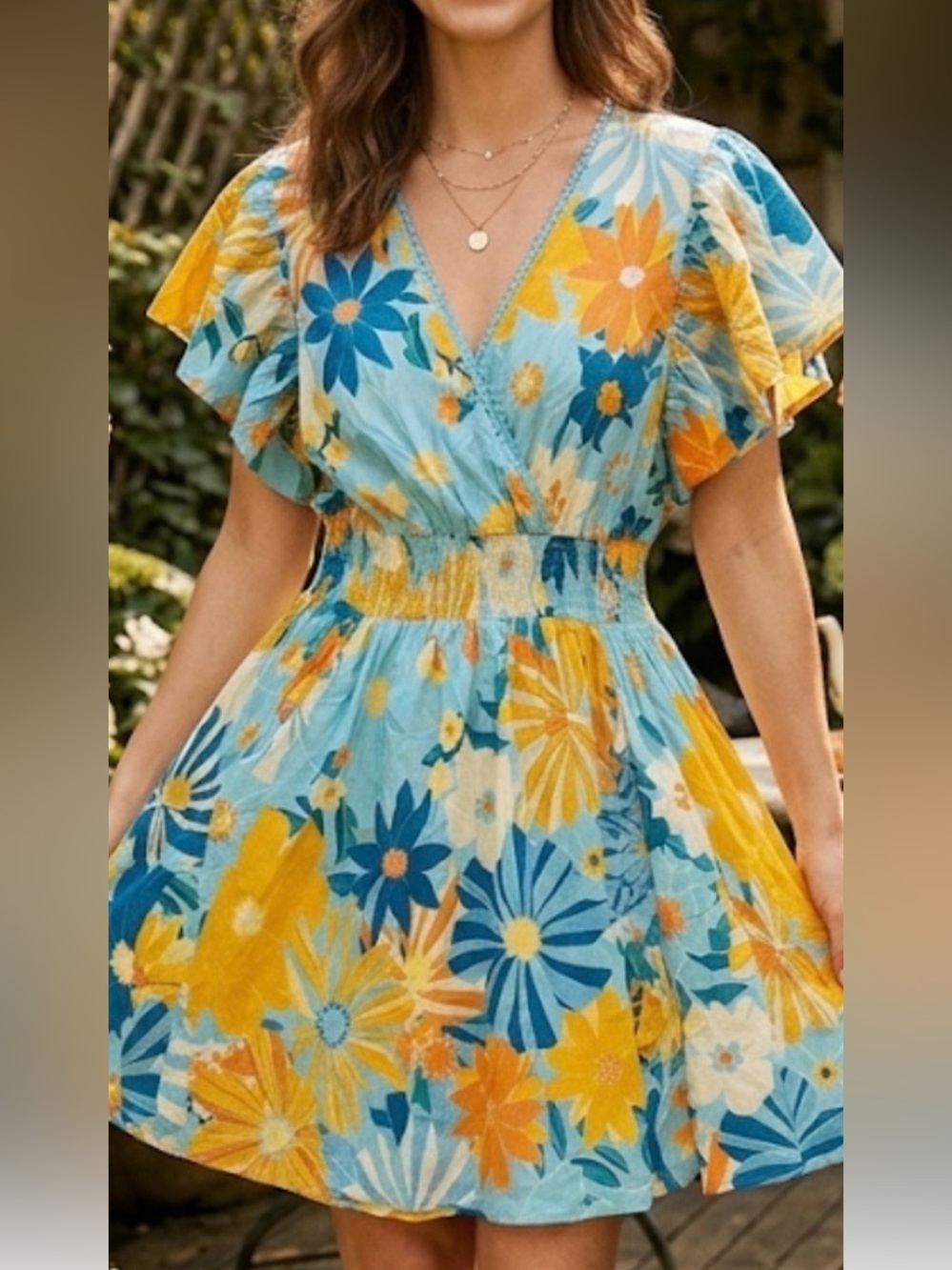 Angie Women’s Blue Floral A-Line Dress with Flutter Sleeves Medium
